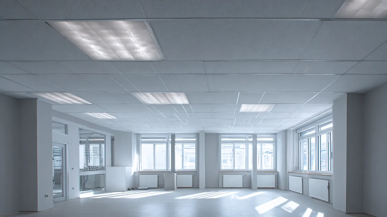 Leere, frisch fertiggestellte Büroetage mit Rasterdecke, Heizkörpern unter den Fenstern und hellem Boden
