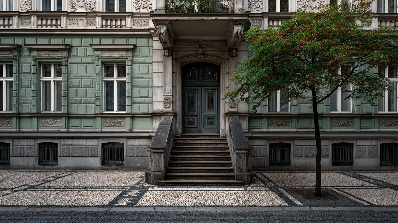 Gefegter Berliner Gehweg aus Granitplatten und Mosaikpflaster vor einer Gründerzeitfassade