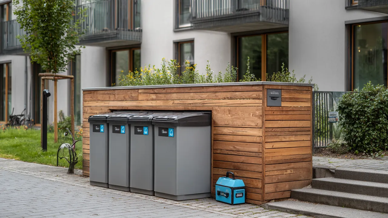 Gefegter Mülltonnenplatz einer Wohnanlage mit Werkzeugkasten auf der Stufe