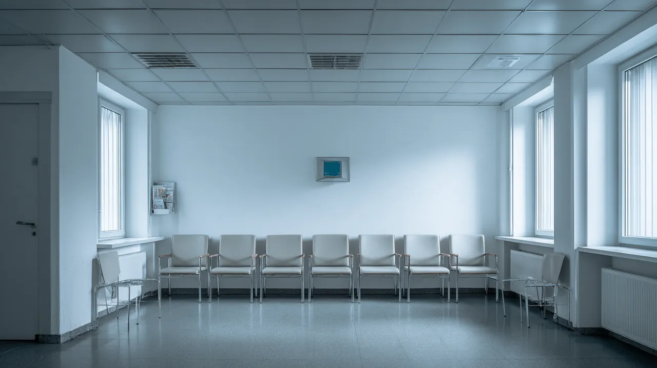 Leeres Wartezimmer einer Arztpraxis am Morgen mit Stuhlreihe und Desinfektionsspender