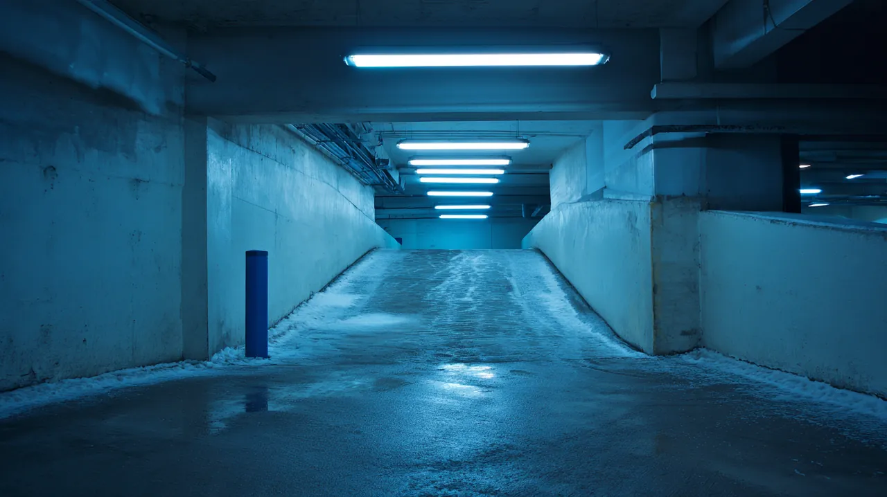 Tiefgaragenrampe im Neonlicht mit nassem Betonboden und Salzrändern
