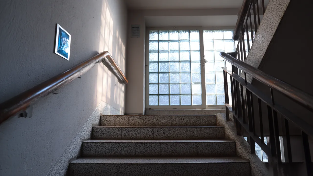 Frisch gewischtes Treppenhaus eines Mehrfamilienhauses mit Terrazzostufen, Metallgeländer und Glasbausteinen