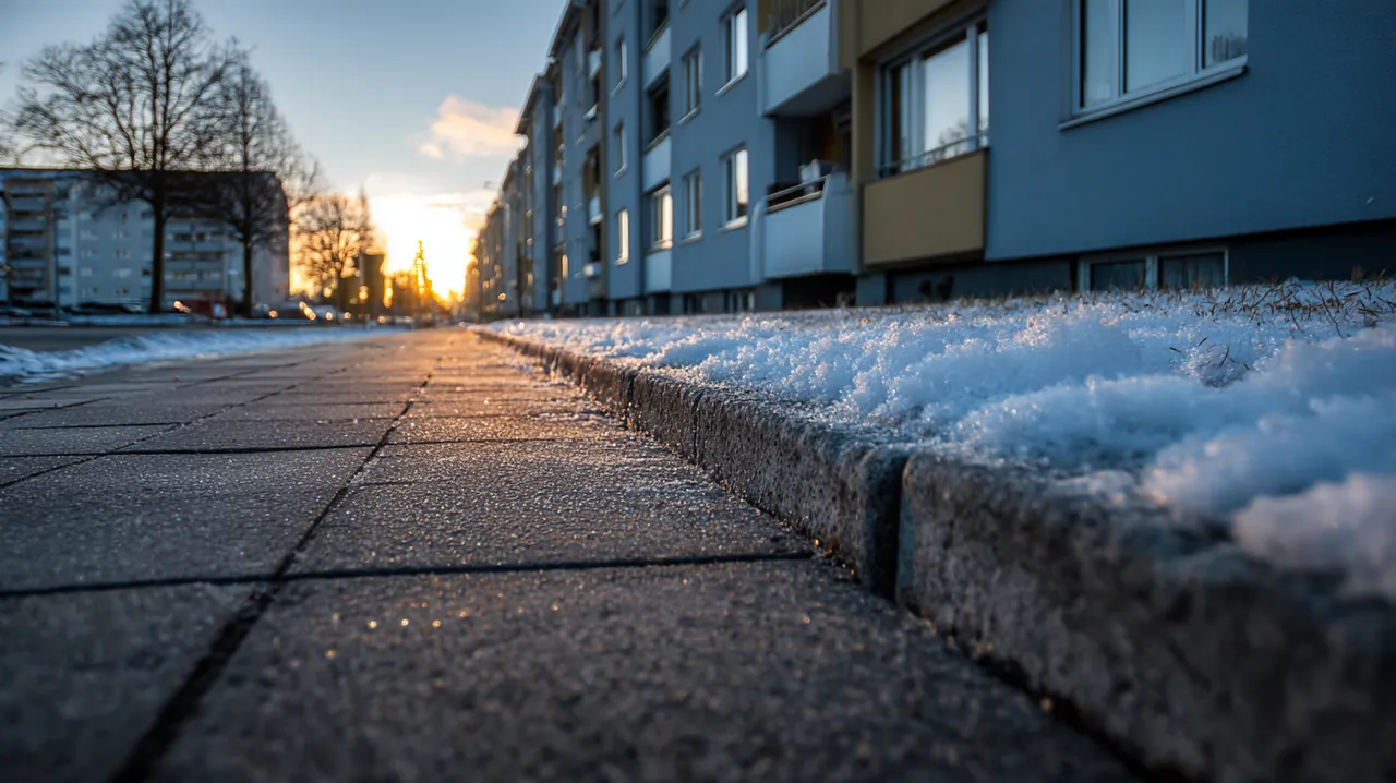 Geräumter Berliner Gehweg aus Granitplatten mit Schneerand an der Baumscheibe