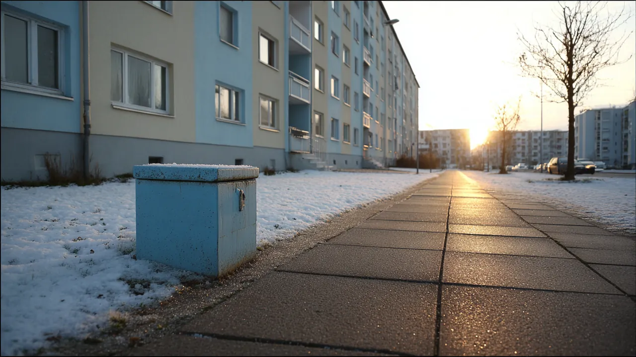 Geräumter Gehweg aus grauem Betonpflaster vor einem Mehrfamilienhaus mit Schneerand und Streukiste